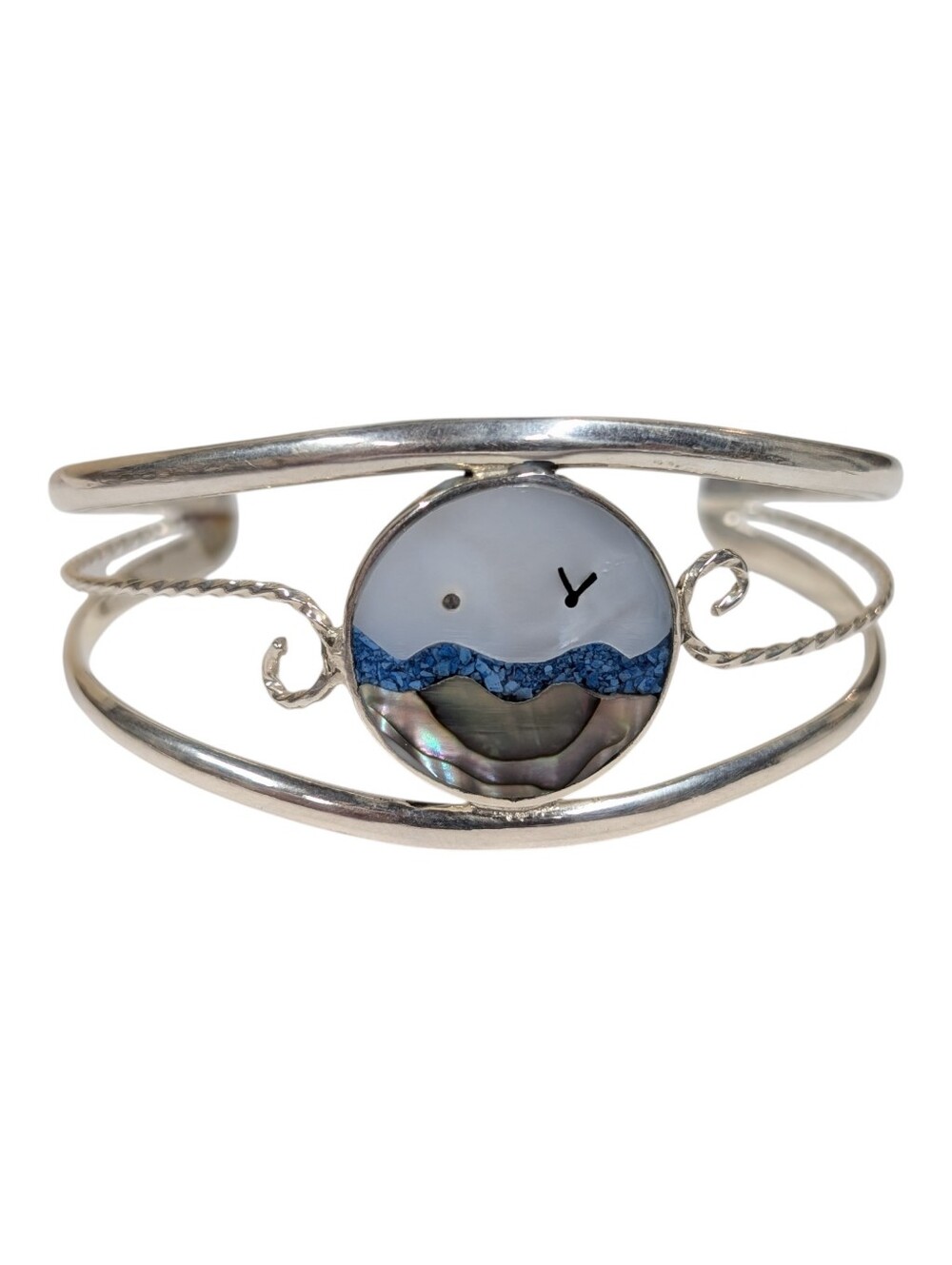 Alpaca Silver Cuff Bracelet Ocean Beach Inlay MOP, Abalone, Crushed Turquoise